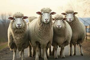 une groupe de mouton permanent en plein air. génératif ai photo