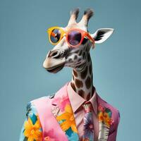 le cool girafe portant costume vêtements et lunettes, moderne Contexte. concept à la mode animaux. génératif ai. photo