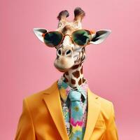 le cool girafe portant costume vêtements et lunettes, moderne Contexte. concept à la mode animaux. génératif ai. photo