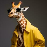 le cool girafe portant costume vêtements et lunettes, moderne Contexte. concept à la mode animaux. génératif ai. photo