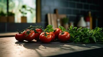 moderne noir cuisine avec Frais tomates et légumes verts sur le tableau. photo