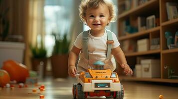 peu joyeux enfant sourit et pièces avec une jouet voiture dans le chambre, le garçon monte une voiture photo