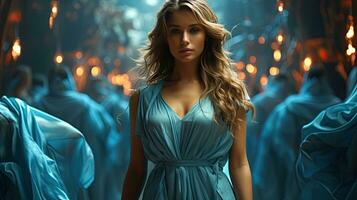 magnifique Jeune femme dans une bleu robe sur une flou Contexte photo