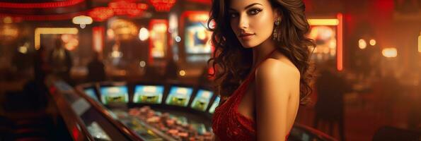 photoréaliste image de une beau, luxe fille dans une casino. jeux d'argent avec roulette et cartes. ai généré photo