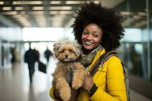 portrait de une souriant africain américain femme avec chien à aéroport photo