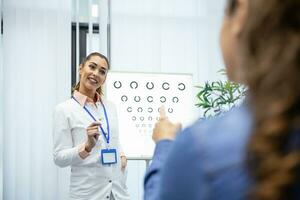 professionnel femelle opticien montrer du doigt à œil graphique, opportun diagnostic de vision. portrait de opticien demander patient pour un œil examen tester avec un œil graphique moniteur à le sien clinique photo