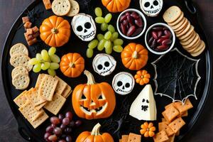 Halloween concept charcuterie planche Contexte afficher assorti savoureux nourriture et biscuits photo