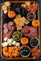 Halloween concept charcuterie planche Contexte afficher assorti savoureux nourriture et biscuits photo