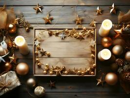 ancien en bois assiette pour l'écriture salutation messages sur Nouveau années et Noël. fête bois avec bougie lumière conique, d'or étoile et des balles décoration. ai généré photo