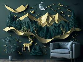 3d abstraction moderne mur art décor fond d'écran. d'or cerf animal avec des oiseaux et des arbres, ai produire photo