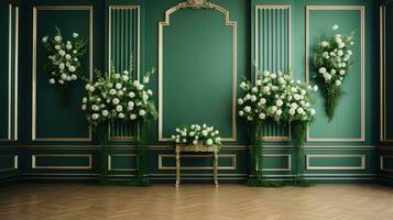 élégant vert mariage décor, génératif ai photo