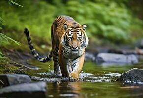 amour tigre en marchant dans le l'eau. dangereux animal. animal dans une vert forêt flux. génératif ai photo