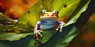 baveux grenouille sur feuilles, grenouille, amphibie, reptile. génératif ai photo