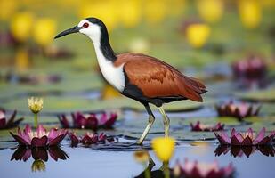 coloré africain échassier avec longue les orteils suivant à violet l'eau lis dans l'eau. génératif ai photo