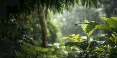 pluie chutes dans une forêt tropicale avec le pluie gouttes. génératif ai photo