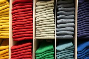 collection de coloré coton chaussettes sur étagères dans magasin. multicolore chaussettes empilés sur le étagère. avec foncé Ton. photo