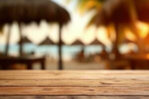 une photo de un vide en bois table avec une tiki plage bar flou Contexte génératif ai