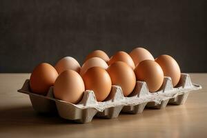 une Facile Oeuf carton contenant une peu blanc œufs, légèrement incliné à créer une dynamique composition génératif ai photo