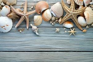 Stock photo de une été temps concept avec mer coquilles et étoile de mer sur une bleu en bois Contexte génératif ai