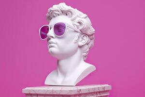 le tête de une blanc mythologique statue avec à la mode rose des lunettes sur le sien yeux, Cadre dans profil. ai génératif photo