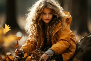 fille en jouant avec déchue arbre feuilles dans l'automne, dans le ville ai généré photo