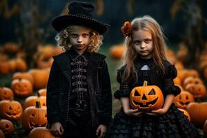 une fille et garçon dans une Halloween costume supporter à côté de citrouilles ai généré photo