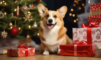adorable content corgi chien avec cadeaux et présente en dessous de Noël arbre ai généré photo