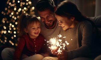 content famille avec Noël cierges magiques à Accueil ai généré photo