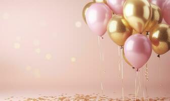 brillant rose et d'or briller des ballons sur lumière rose doux pastel Contexte ai généré photo