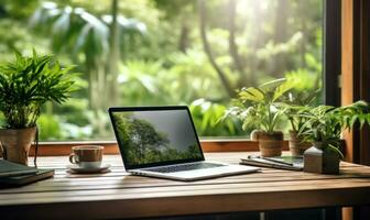 une serein Accueil Bureau installer sur une en bois bureau ai généré photo