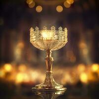 le d'or ostensoir avec une peu transparent cristal centre, consacré héberger. église défocalisé Contexte. ai génératif photo