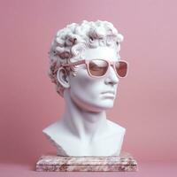 le tête de une blanc mythologique statue avec à la mode rose des lunettes sur le sien yeux, Cadre dans profil. ai génératif photo