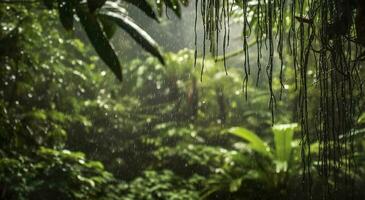 pluie chutes dans une forêt tropicale avec le pluie gouttes. génératif ai photo