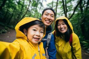 asiatique famille, père, mère et fille selfie ensemble tandis que randonnée dans le forêt. famille activité profiter à Voyage ensemble. génératif ai. photo