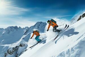 skieurs ski sur neigeux pente dans le montagnes. aventure sport activité dans le hiver saison. génératif ai. photo