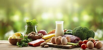 fermer de légumes, des fruits, et Viande sur en bois table plus de vert Naturel Contexte. génératif ai photo