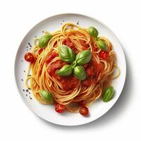 délicieux assiette de spaghetti avec tomate sauce sur une blanc Contexte génératif ai photo