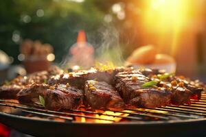 un barbecue nourriture fête été grillage Viande dans le après midi de fin de semaine content faire la fête. ai génératif photo