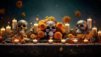 une tranquille et spirituel journée de le mort bannière une serein sucre crâne entouré par bougies et traditionnel offrandes, ai généré photo