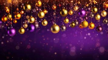 Noël Contexte avec des balles de Royal violet à brillant or arrière-plan, ai généré photo