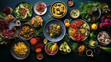 une plat allonger de divers à base de plantes repas, signifiant le végétalien et en bonne santé nourriture s'orienter, ai généré photo