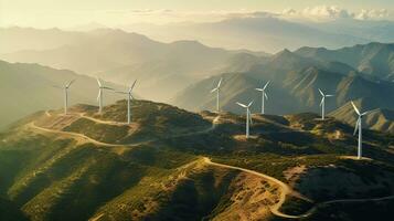 aérien vue de vent turbines générateur vert Puissance haute dans montagnes. génératif ai photo