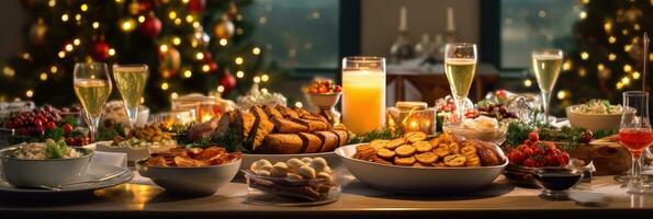 dîner table plein de vaisselle avec nourriture et collations, Noël et Nouveau années décor avec une Noël arbre sur le Contexte. génératif ai photo
