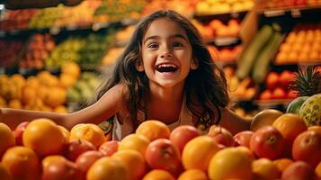 une content et excité fille foncé aux cheveux client à l'intérieur boutique de face vue des fruits et des légumes sur pastel Orange Contexte. génératif ai photo