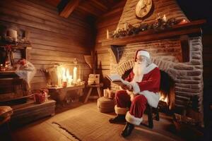 Père Noël claus séance près cheminée et en train de lire Noël des lettres ou avec liste. ai généré. photo