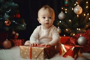 mignonne bébé dans une rouge Père Noël chapeau avec cadeau boîte sur Noël arbre Contexte. ai généré photo