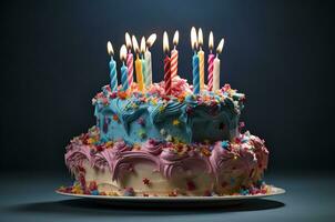 anniversaire gâteau. gâteau avec bougies. triste laid gâteau. génératif ai photo