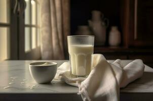 verre de Lait dans une village cuisine. génératif ai photo