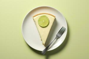 citron vert cheesecake avec une tranche de citron vert et fourchette. génératif ai photo