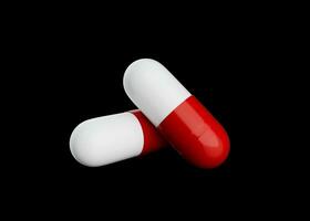 3d deux chevauchement rouge et blanc pharmaceutique capsules sur noir Contexte 3d illustration photo